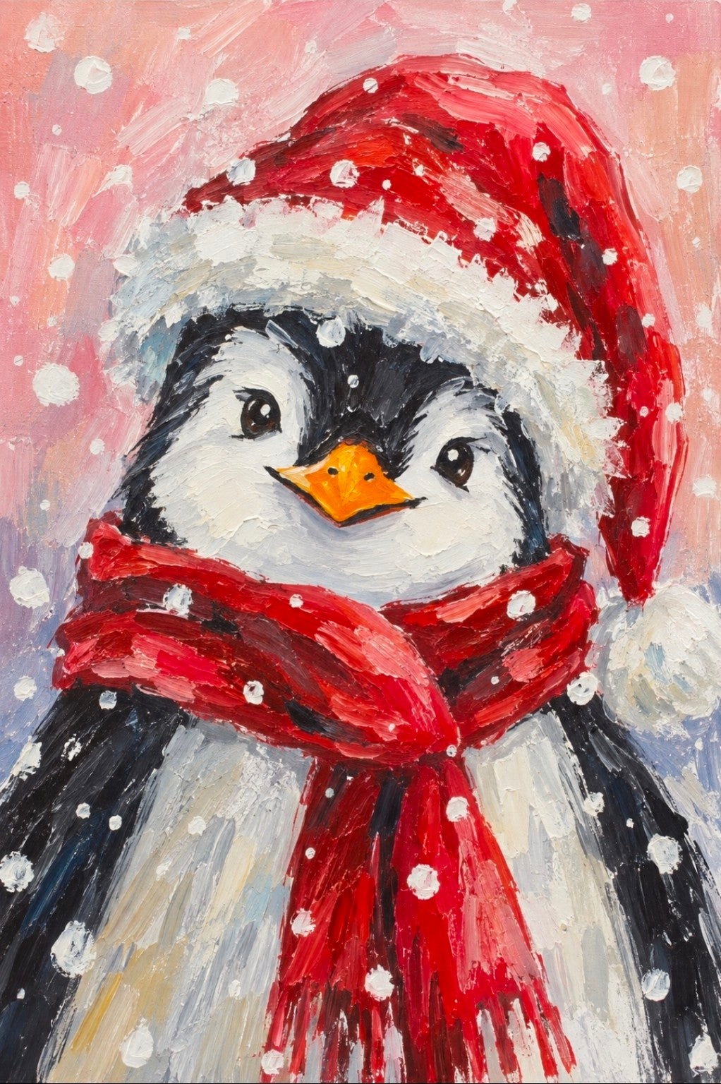 Christmas penguin painting with red Santa hat and scarf