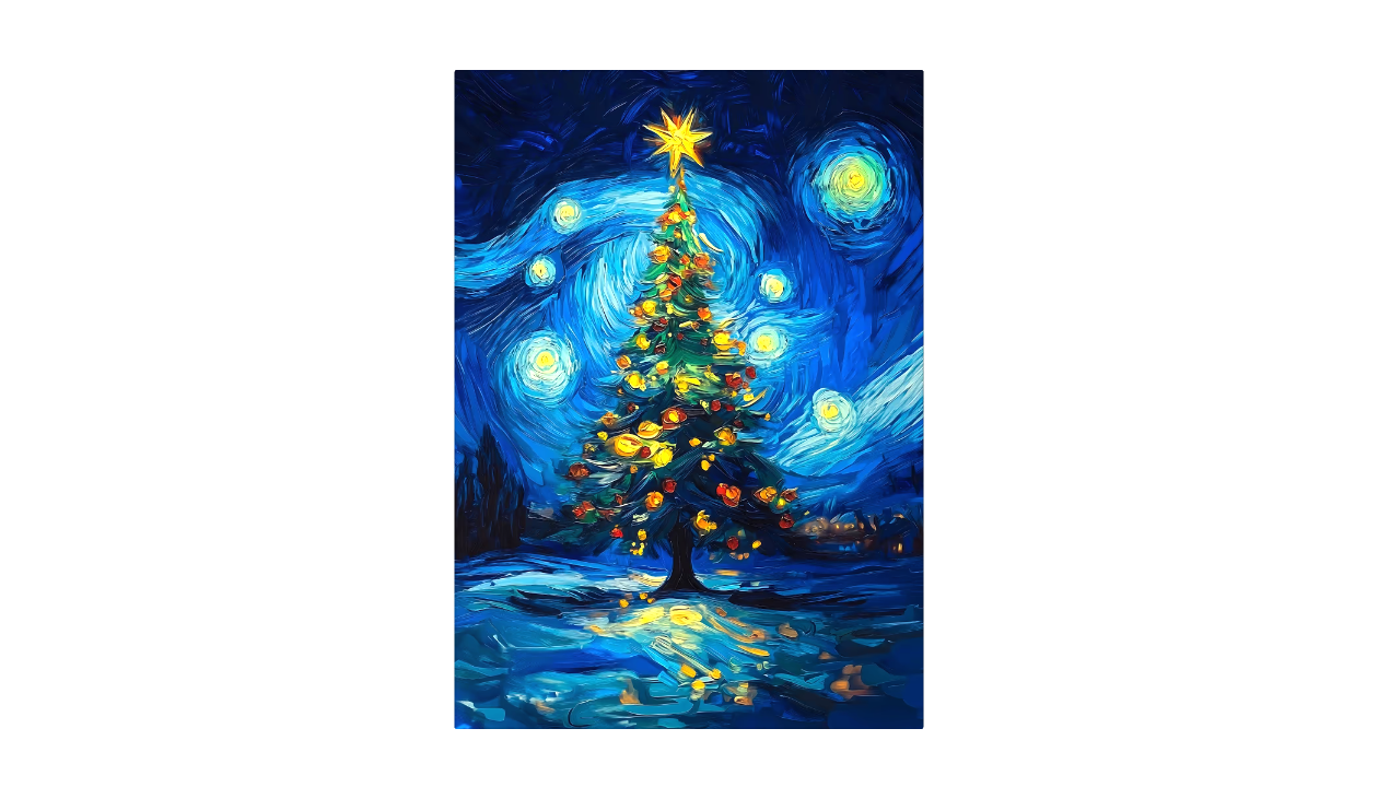 Painting of a Christmas tree with lights on a starry night sky background